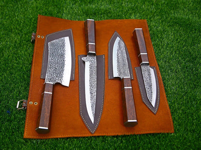 4-Piece Handmade D2 Steel Chef Knife Set – Custom Kitchen Knives with Wood Handles & Leather Roll Bag