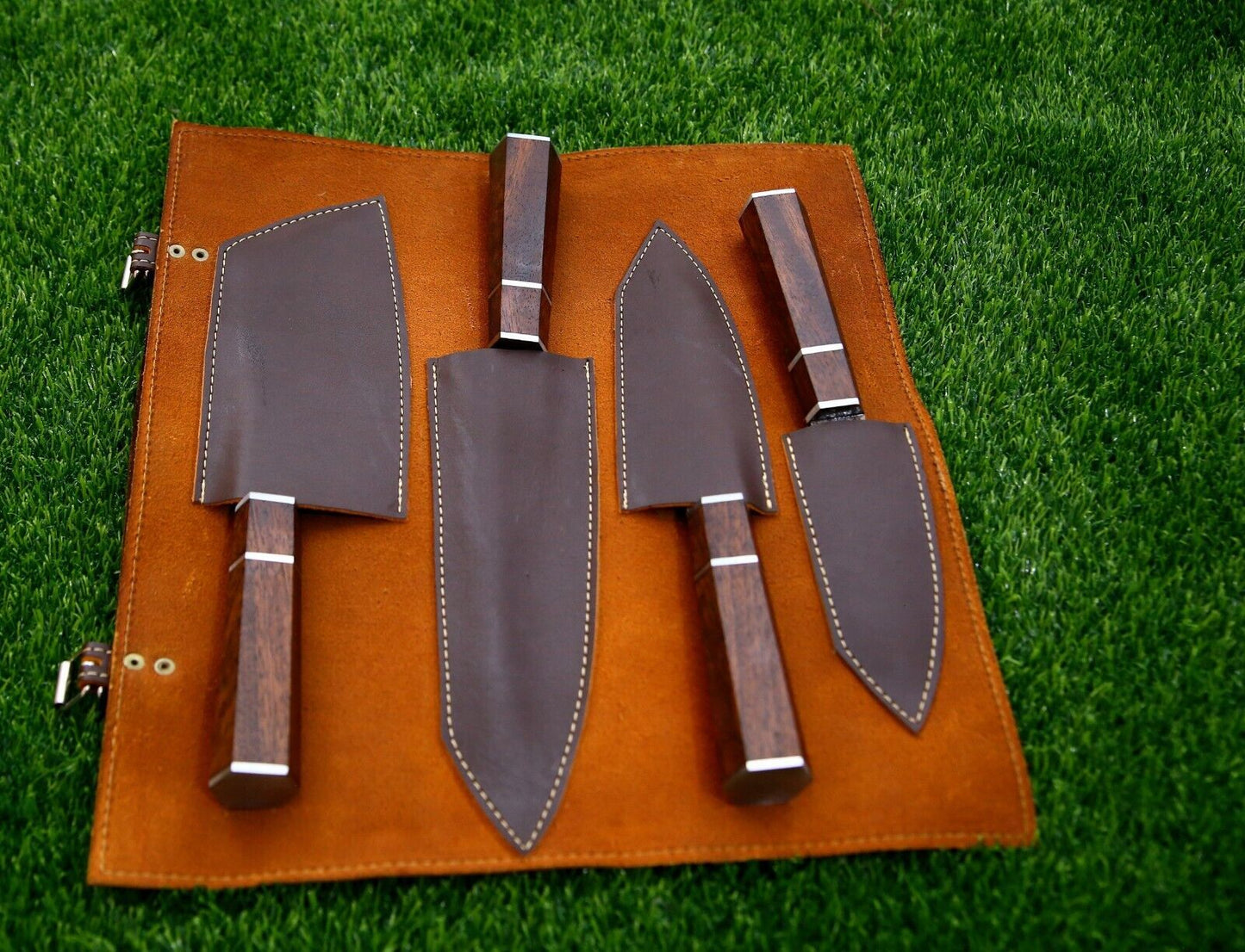 4-Piece Handmade D2 Steel Chef Knife Set – Custom Kitchen Knives with Wood Handles & Leather Roll Bag
