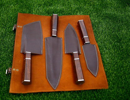 4-Piece Handmade D2 Steel Chef Knife Set – Custom Kitchen Knives with Wood Handles & Leather Roll Bag