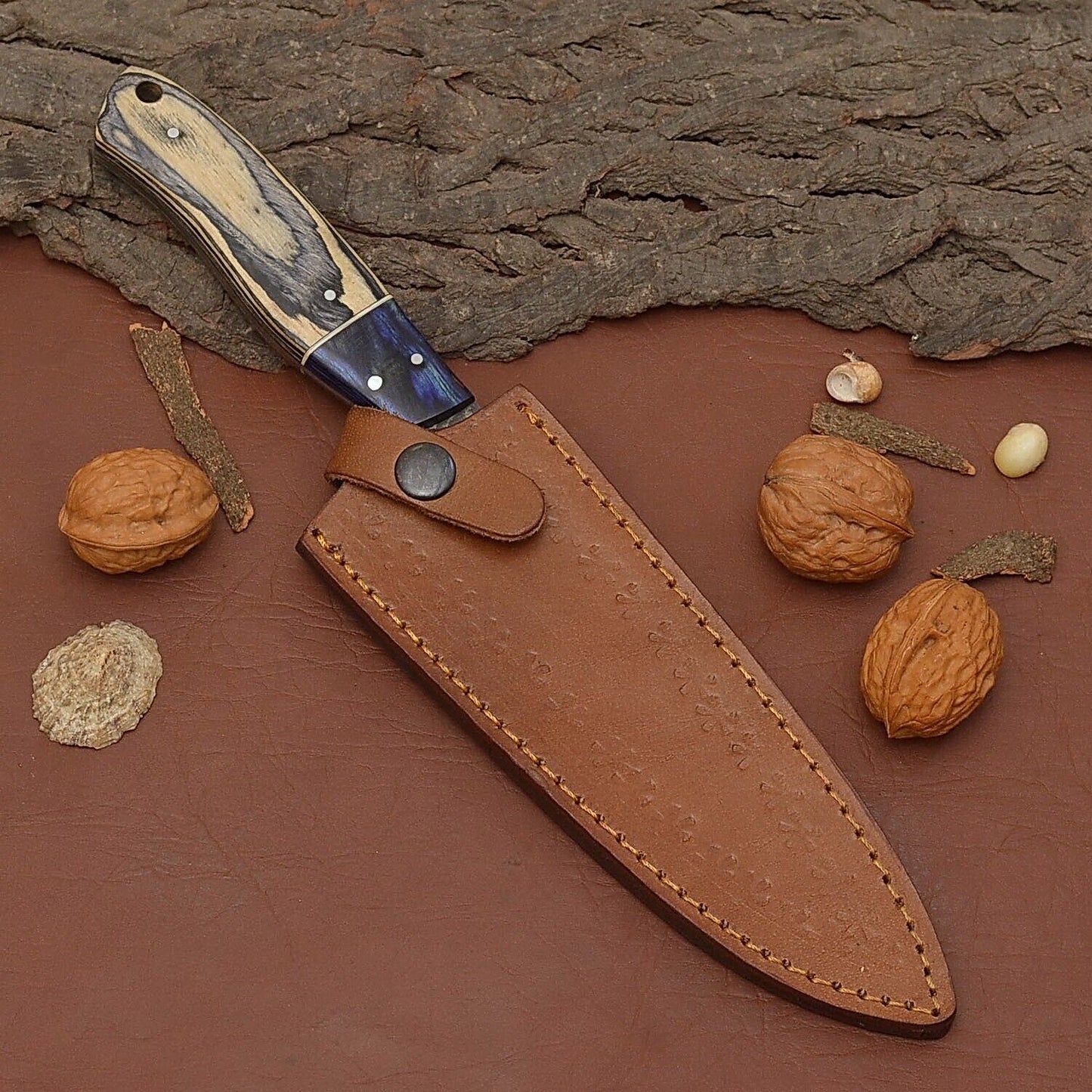 Handmade Damascus Steel 7" Fillet Chef Knife with Pakka Wood Handle & Leather Sheath