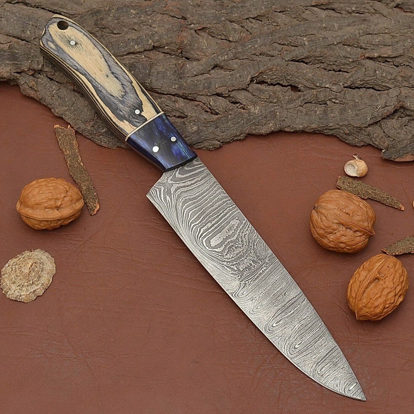 Handmade Damascus Steel 7" Fillet Chef Knife with Pakka Wood Handle & Leather Sheath