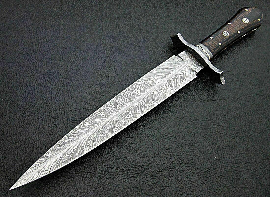 15 Inch Custom Damascus Steel Bowie Knife with Micarta Handle and Damascus Guard