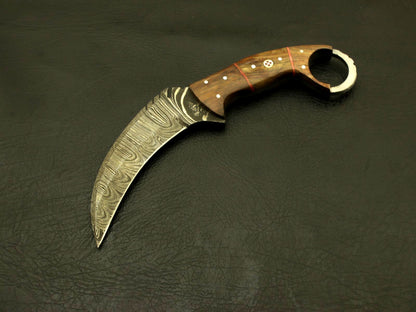 8.5" Custom Handmade Damascus Karambit Knife Damascus Steel Knife with Wood Handle