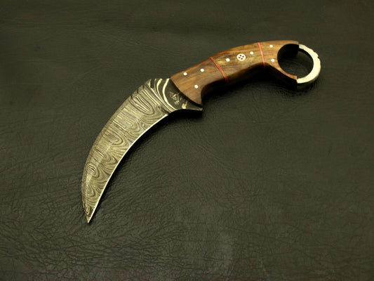 8.5" Custom Handmade Damascus Karambit Knife Damascus Steel Knife with Wood Handle