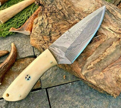 7" Twist Damascus Skinner Knife Camel Bone Handle Custom Handmade EDC