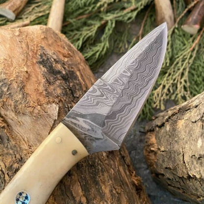 7" Twist Damascus Skinner Knife Camel Bone Handle Custom Handmade EDC