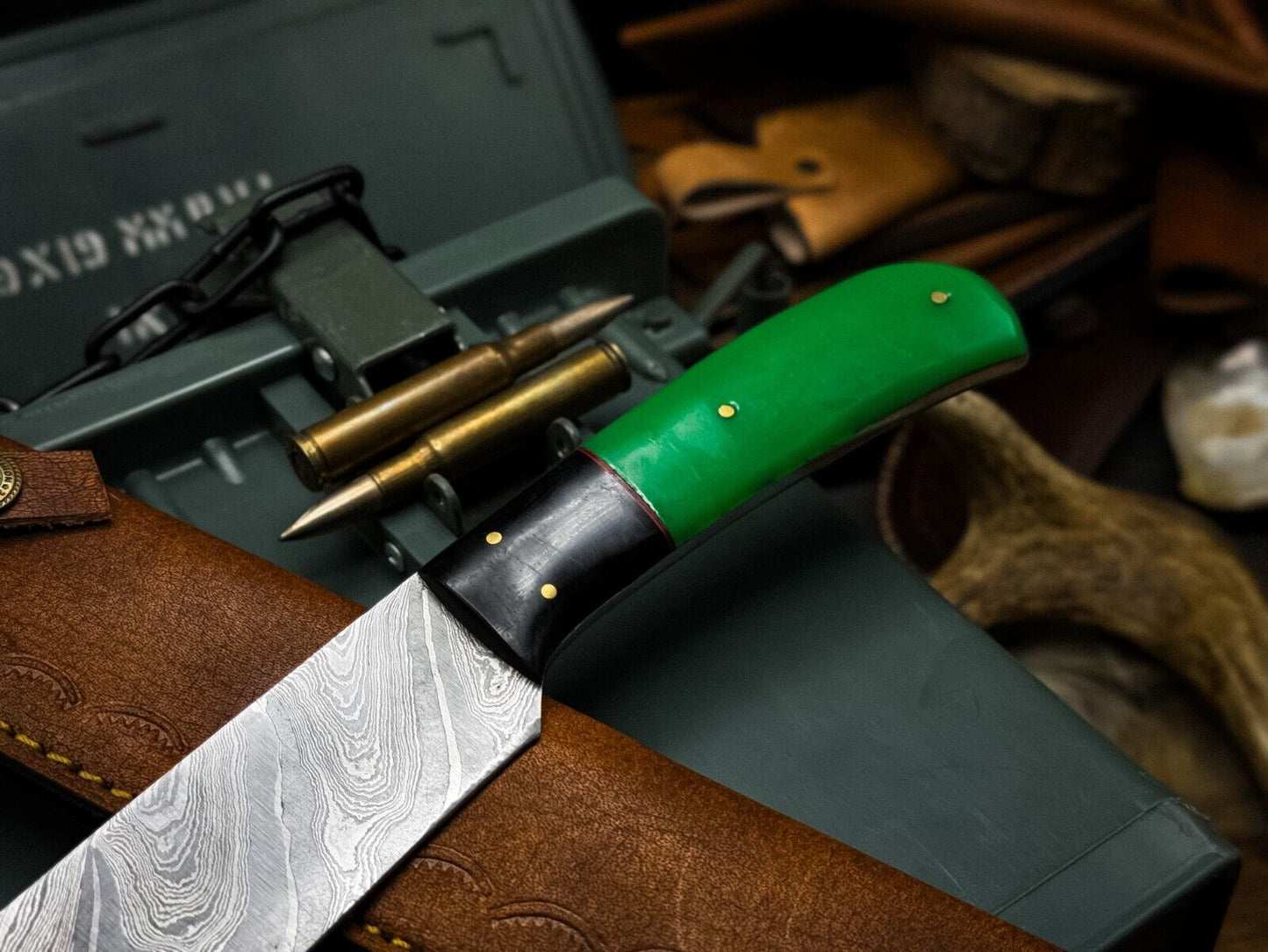 Handmade Damascus Steel Kitchen Chef Knife with Epoxy Handle & Cow Leather Sheath