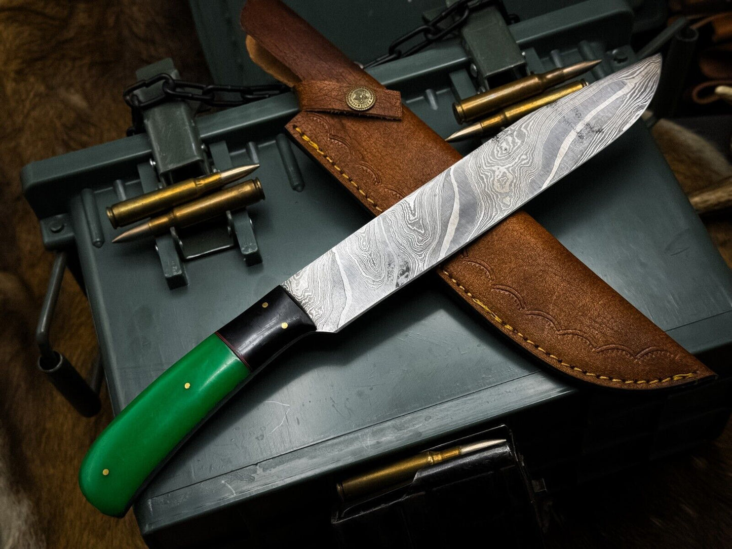 Handmade Damascus Steel Kitchen Chef Knife with Epoxy Handle & Cow Leather Sheath