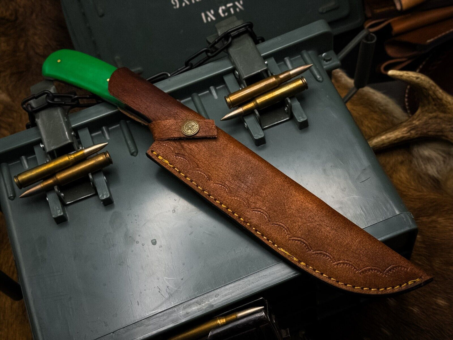 Handmade Damascus Steel Kitchen Chef Knife with Epoxy Handle & Cow Leather Sheath