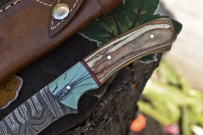 8.0" Twist Damascus Skinner Knife Hardwood Handle Tactical EDC Knife