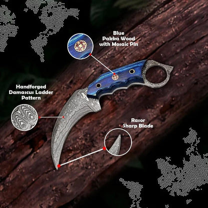 Handmade 8.25” Damascus Karambit Knife Full Tang Best Karambit With PakkaWood Handle