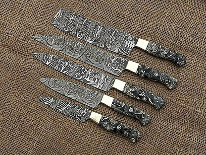 Handmade Damascus Chef Knife Set – 5 Pcs Professional Kit by Heritage Forge
