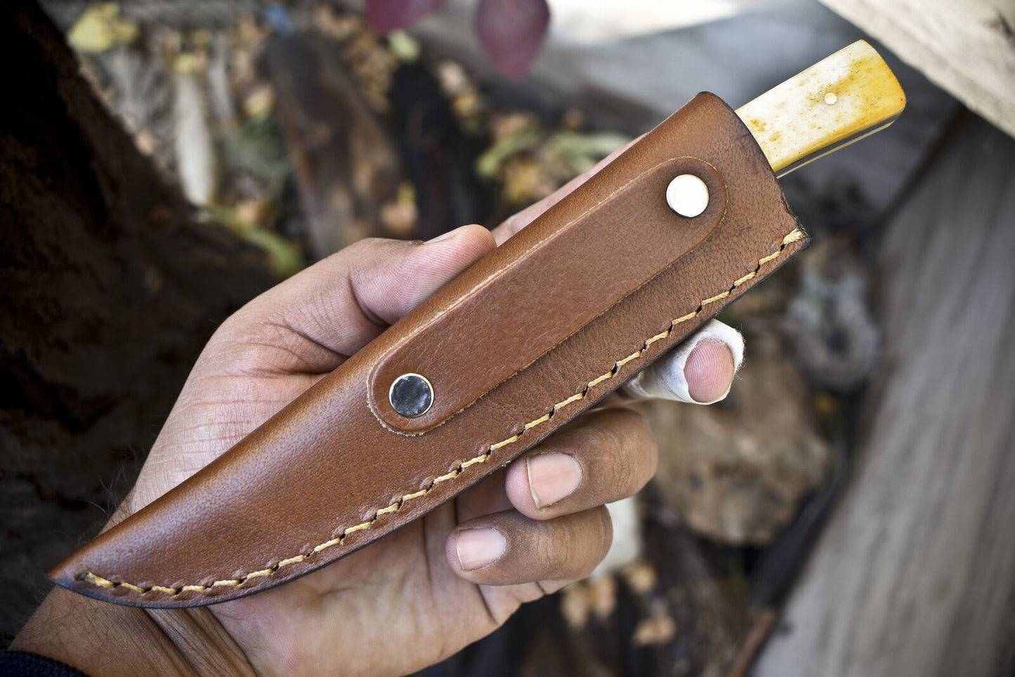 Unique Damascus Skinner Hunting Knife with Twist Pattern Bone Handle and Micarta Bolster