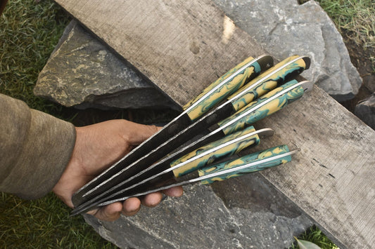 Forged Chef Knife Set Twist Damascus Steel with Micarta Handles – Lot of 5 Hiking Knives Razor Sharp