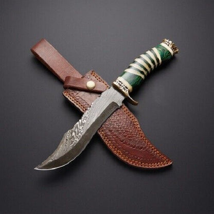 12.2" Damascus Steel Bowie Knife – Camel Horn Handle with Leather Sheath