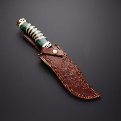 12.2" Damascus Steel Bowie Knife – Camel Horn Handle with Leather Sheath