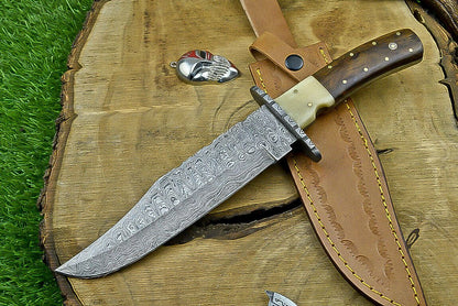 Heritage Forge 13 Inch Wood Handle Damascus Steel Bowie Knife for Hunting and Camping