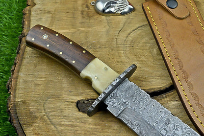 Heritage Forge 13 Inch Wood Handle Damascus Steel Bowie Knife for Hunting and Camping