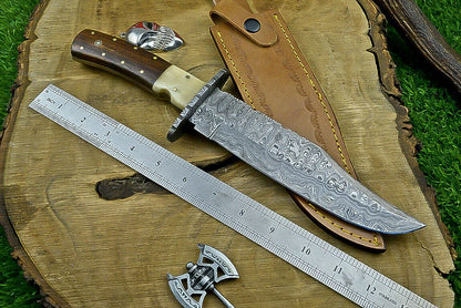 Heritage Forge 13 Inch Wood Handle Damascus Steel Bowie Knife for Hunting and Camping