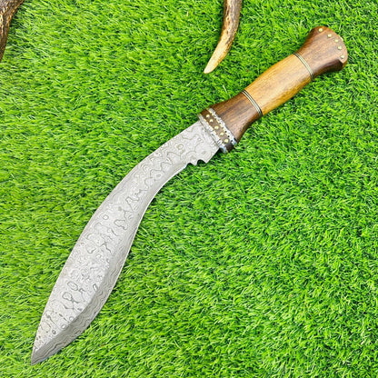 Custom Forged Damascus Steel Handmade Kukri Bowie Hunting Knife With Wood Handle