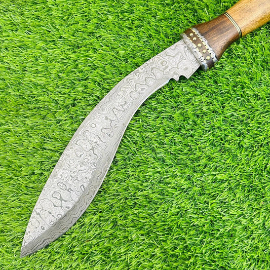Custom Forged Damascus Steel Handmade Kukri Bowie Hunting Knife With Wood Handle