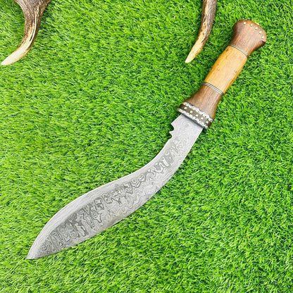 Heritage Forge 17.5" Damascus Kukri Bowie Knife with Wood Handle and Brass Spacers