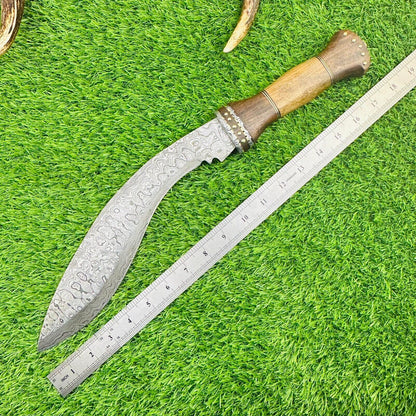 Custom Forged Damascus Steel Handmade Kukri Bowie Hunting Knife With Wood Handle