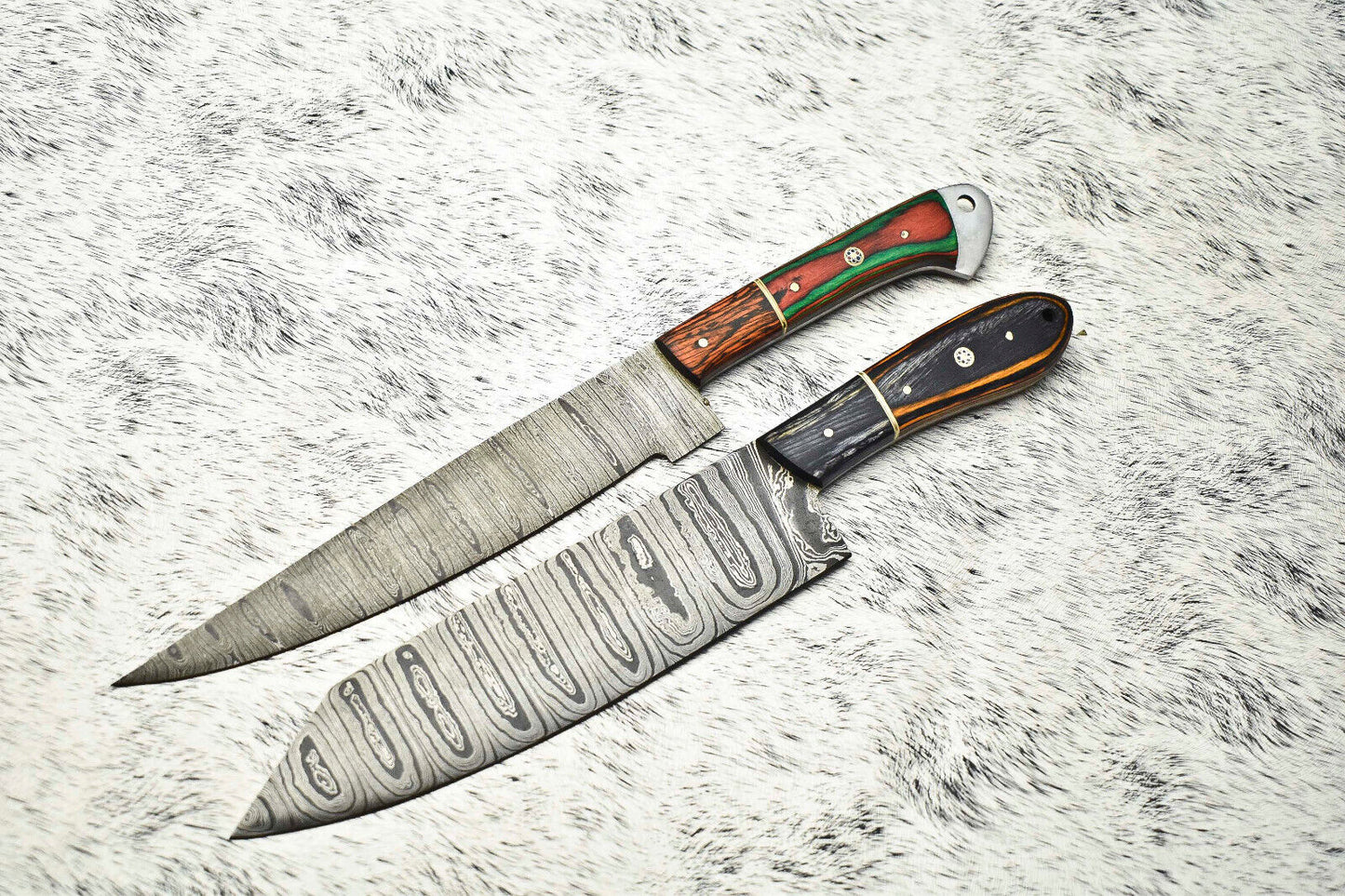 Lot of 2 Custom Handmade Damascus Steel Chef Knives – Full Tang Kitchen Blades