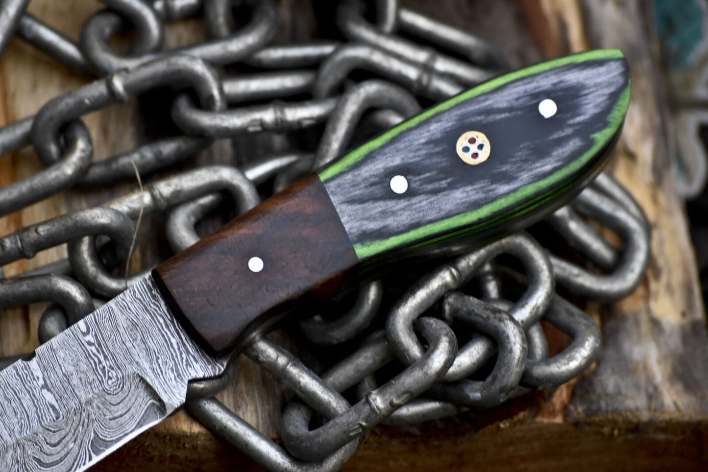 8.0 in Custom Skinner Knife Twist Damascus Hard Wood Wooden Bolster Sports Outdoor