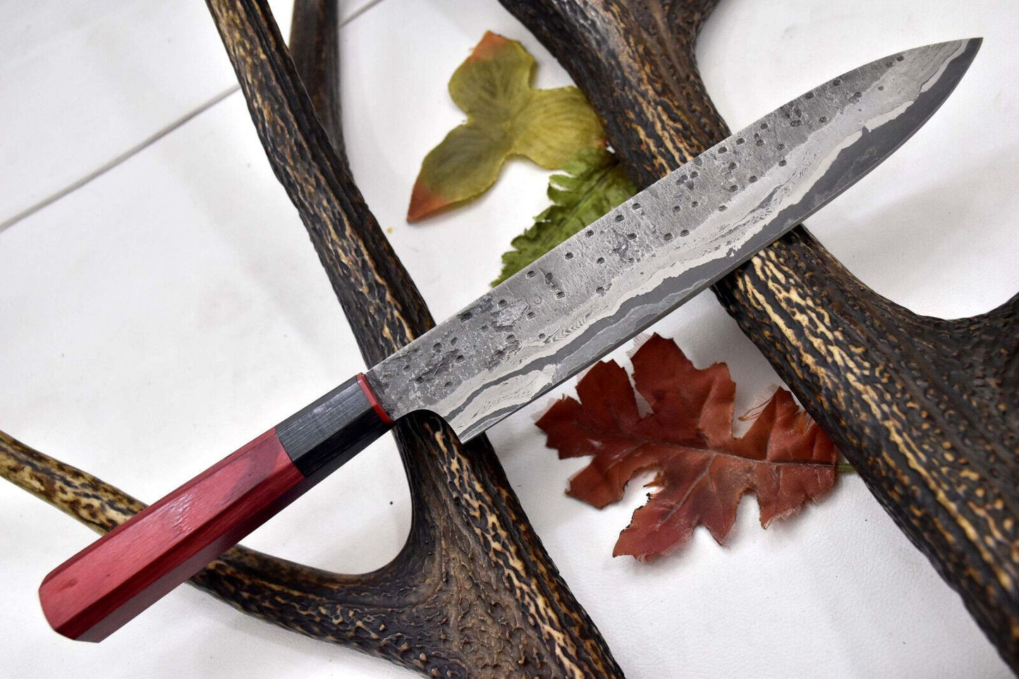 Custom Hammered San Mai Damascus Steel Chef Knife Handmade with Wooden Handle