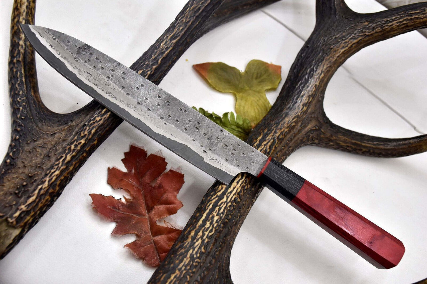 Custom Hammered San Mai Damascus Steel Chef Knife Handmade with Wooden Handle