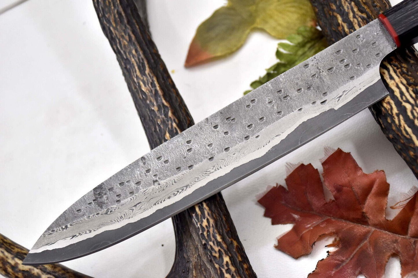 Custom Hammered San Mai Damascus Steel Chef Knife Handmade with Wooden Handle