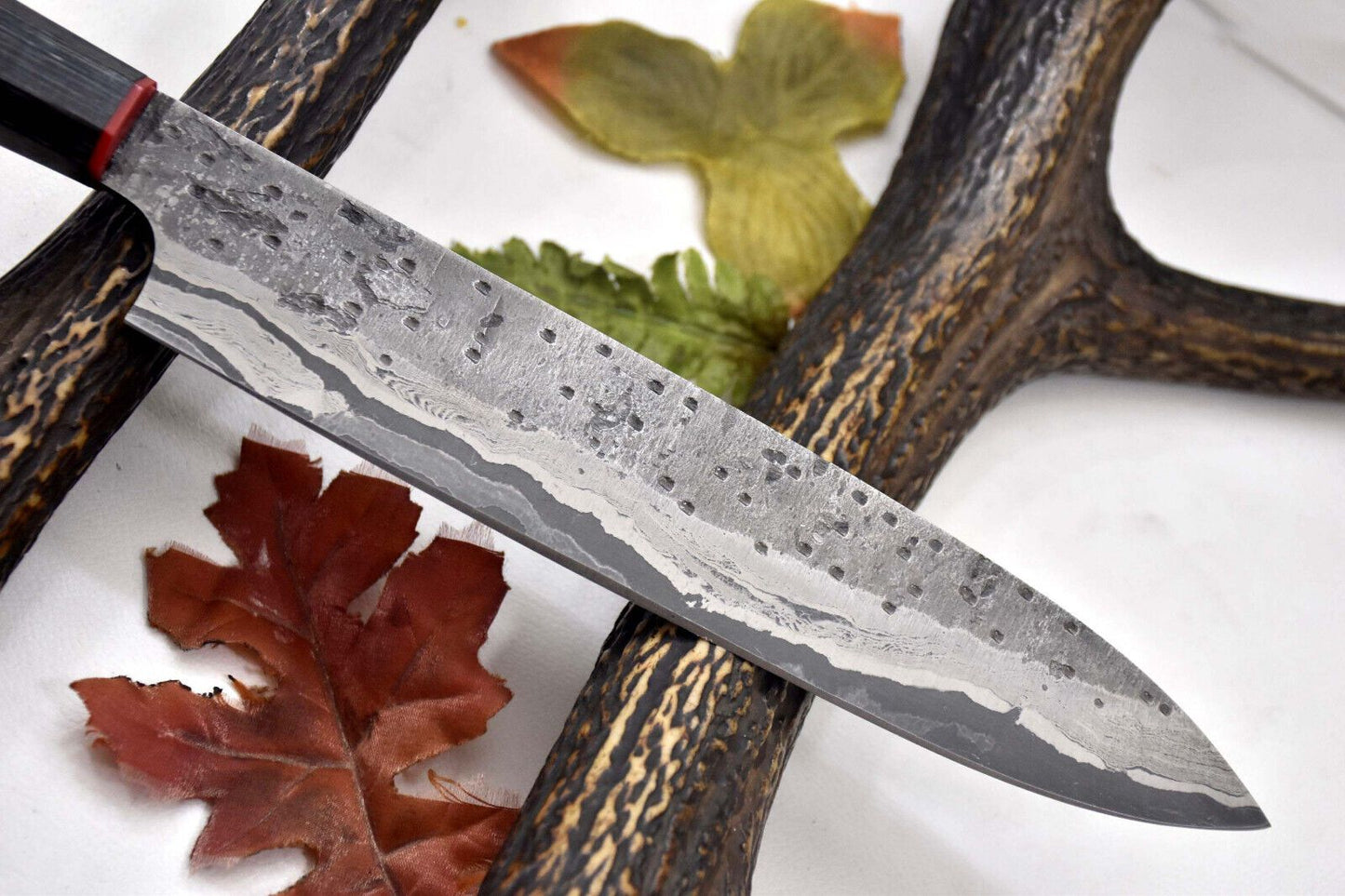 Custom Hammered San Mai Damascus Steel Chef Knife Handmade with Wooden Handle