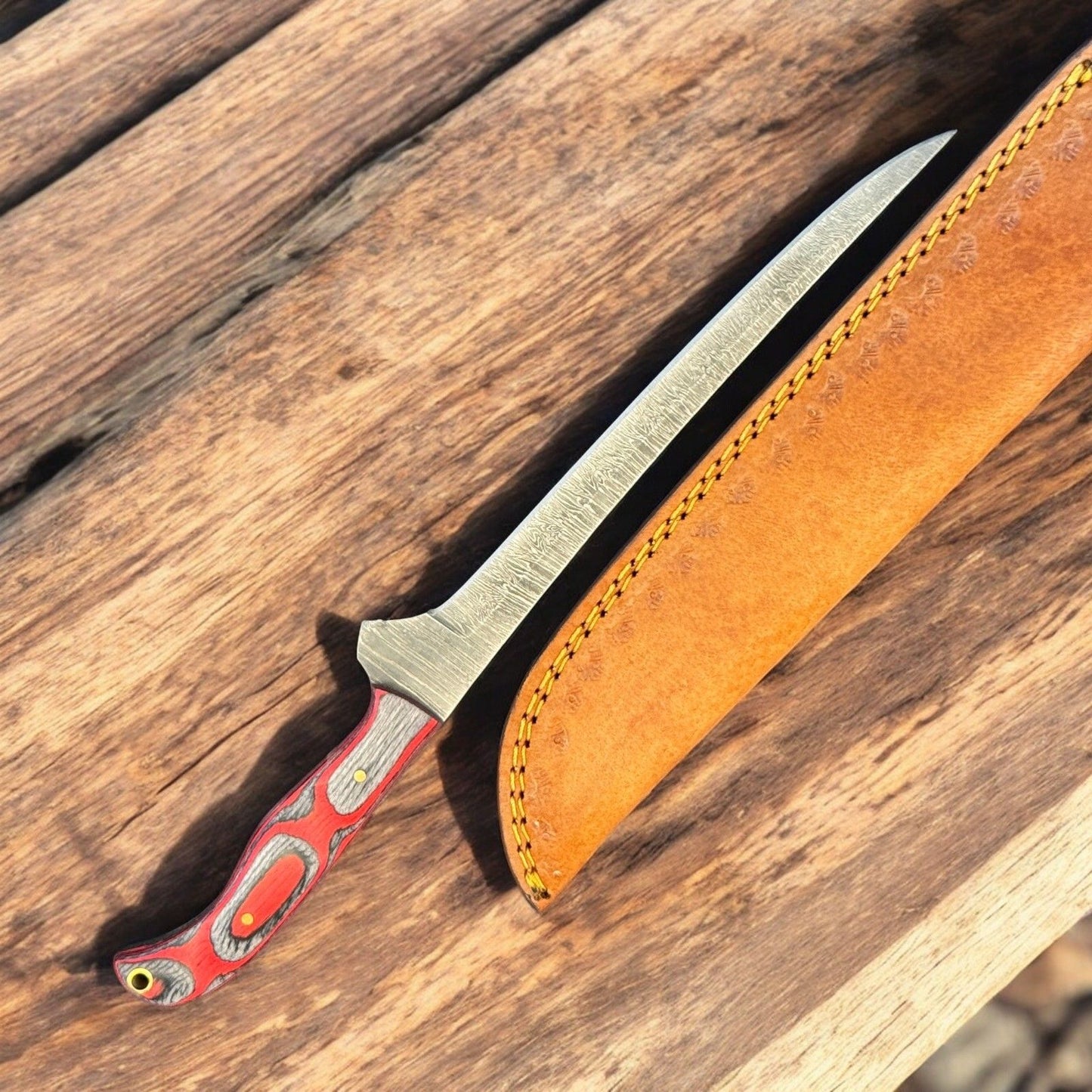 12" Handmade Damascus Steel Fillet Knife with Pakka Wood Handle & Leather Sheath