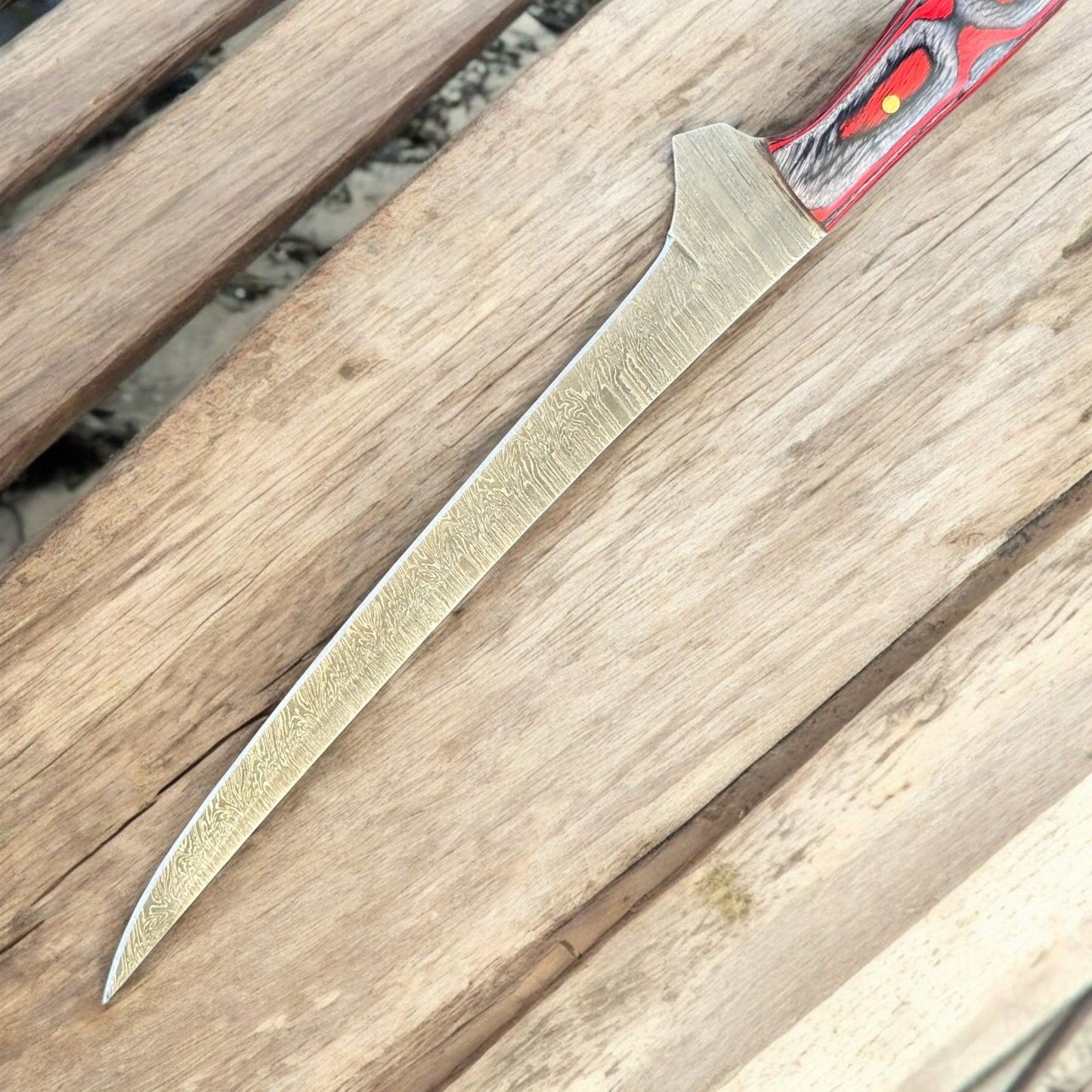 12" Handmade Damascus Steel Fillet Knife with Pakka Wood Handle & Leather Sheath