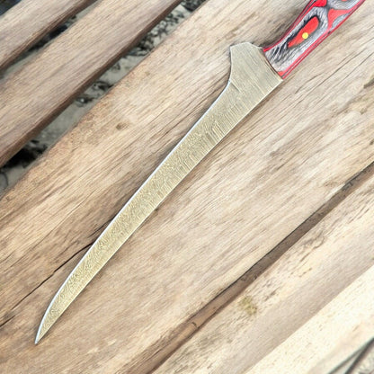 12" Handmade Damascus Steel Fillet Knife with Pakka Wood Handle & Leather Sheath