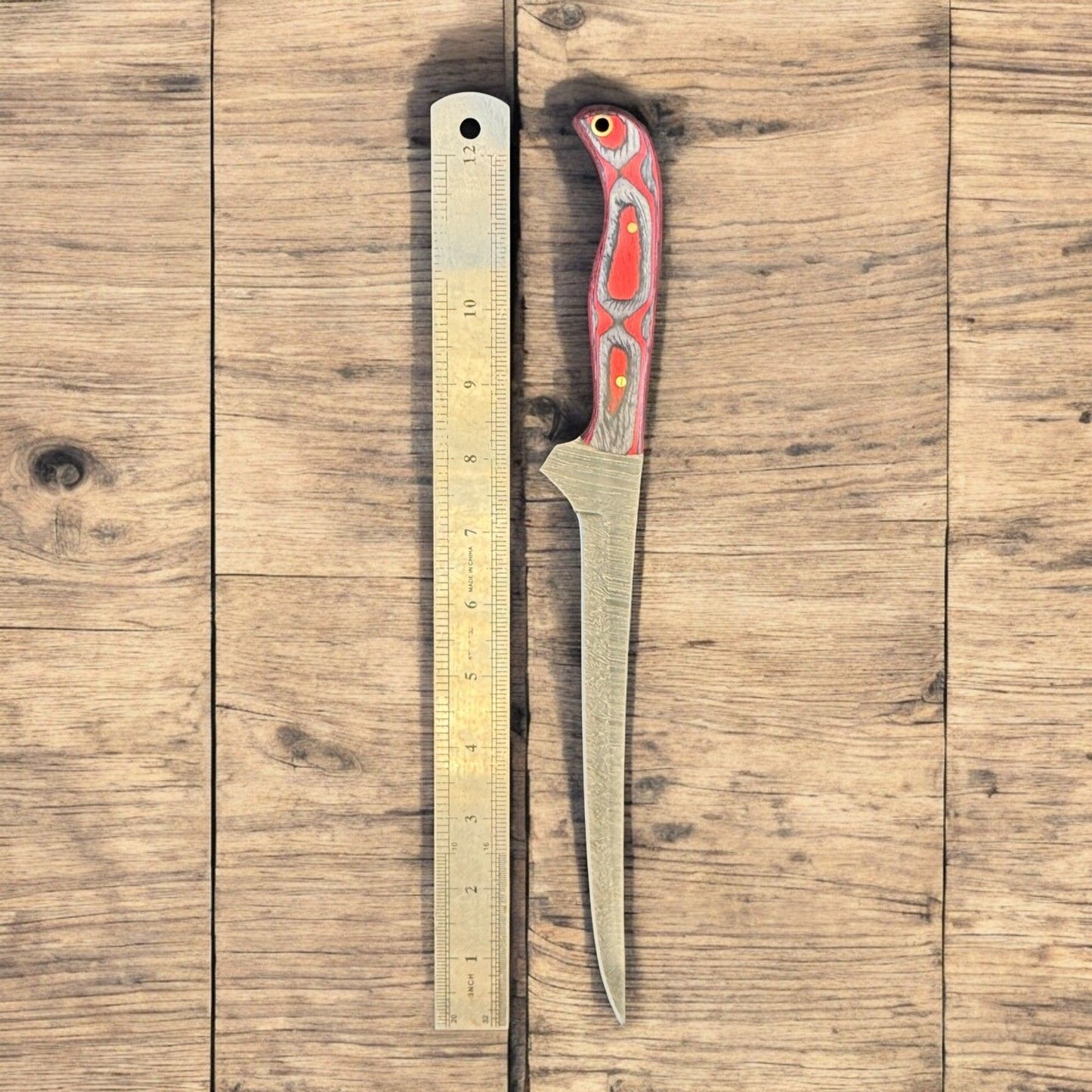12" Handmade Damascus Steel Fillet Knife with Pakka Wood Handle & Leather Sheath