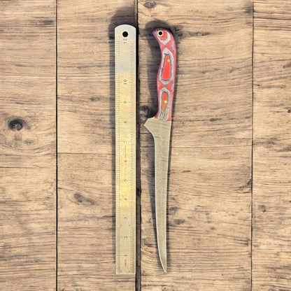 12" Handmade Damascus Steel Fillet Knife with Pakka Wood Handle & Leather Sheath