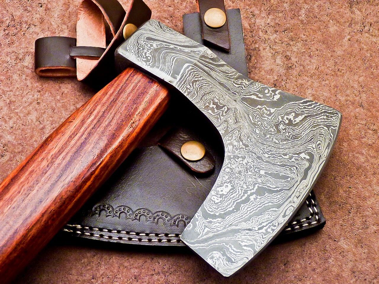 Handmade Damascus Steel Tomahawk Axe with Natural Wood Handle and Leather Sheath