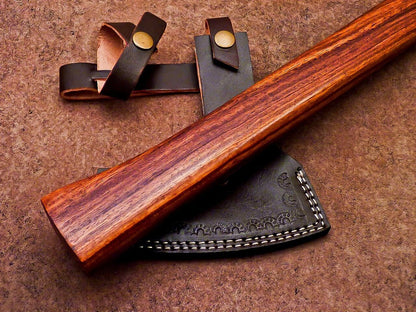 Handmade Damascus Steel Tomahawk Axe with Natural Wood Handle and Leather Sheath