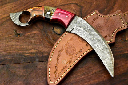 9"Damascus Karambit Damascus Steel Karambit Knife With Wood and Ram Horn Handle