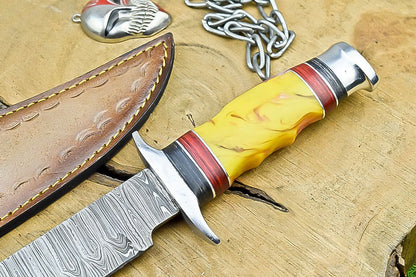 14" Damascus Steel Bowie Knife – Resin Handle & Leather Sheath