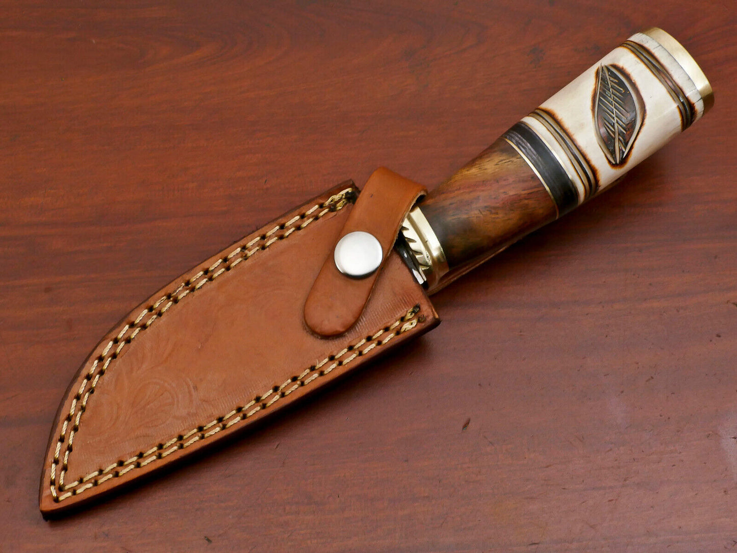 Heritage Forge Damascus Hunting Knife Camel Bone Rose Wood Pakka Wood Handle with Brass Guard