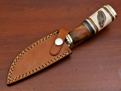 Heritage Forge Damascus Hunting Knife Camel Bone Rose Wood Pakka Wood Handle with Brass Guard