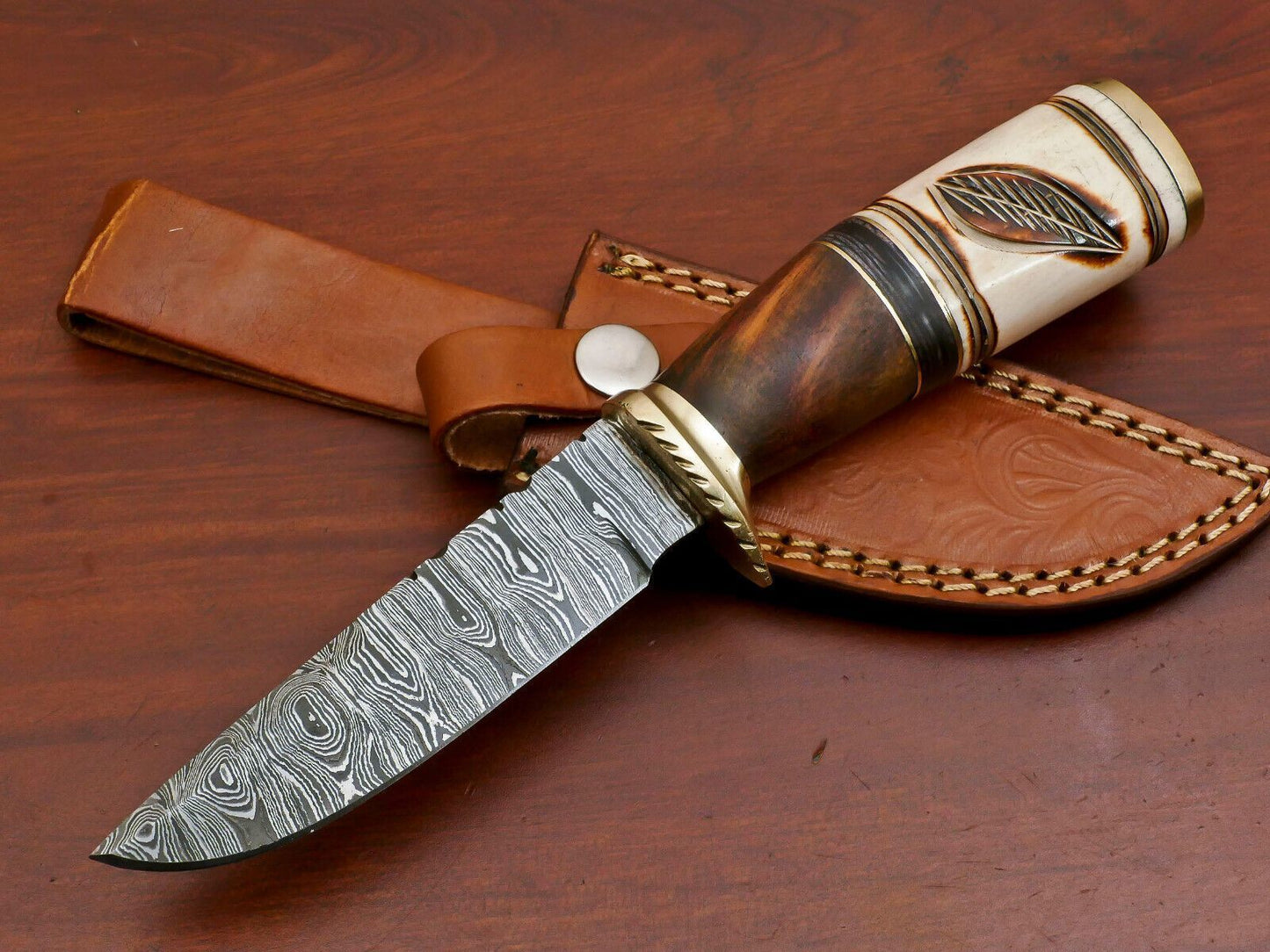 Heritage Forge Damascus Hunting Knife Camel Bone Rose Wood Pakka Wood Handle with Brass Guard
