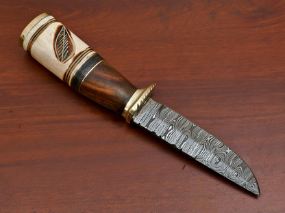 Heritage Forge Damascus Hunting Knife Camel Bone Rose Wood Pakka Wood Handle with Brass Guard