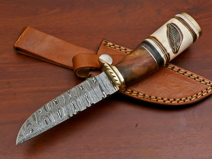 Heritage Forge Damascus Hunting Knife Camel Bone Rose Wood Pakka Wood Handle with Brass Guard