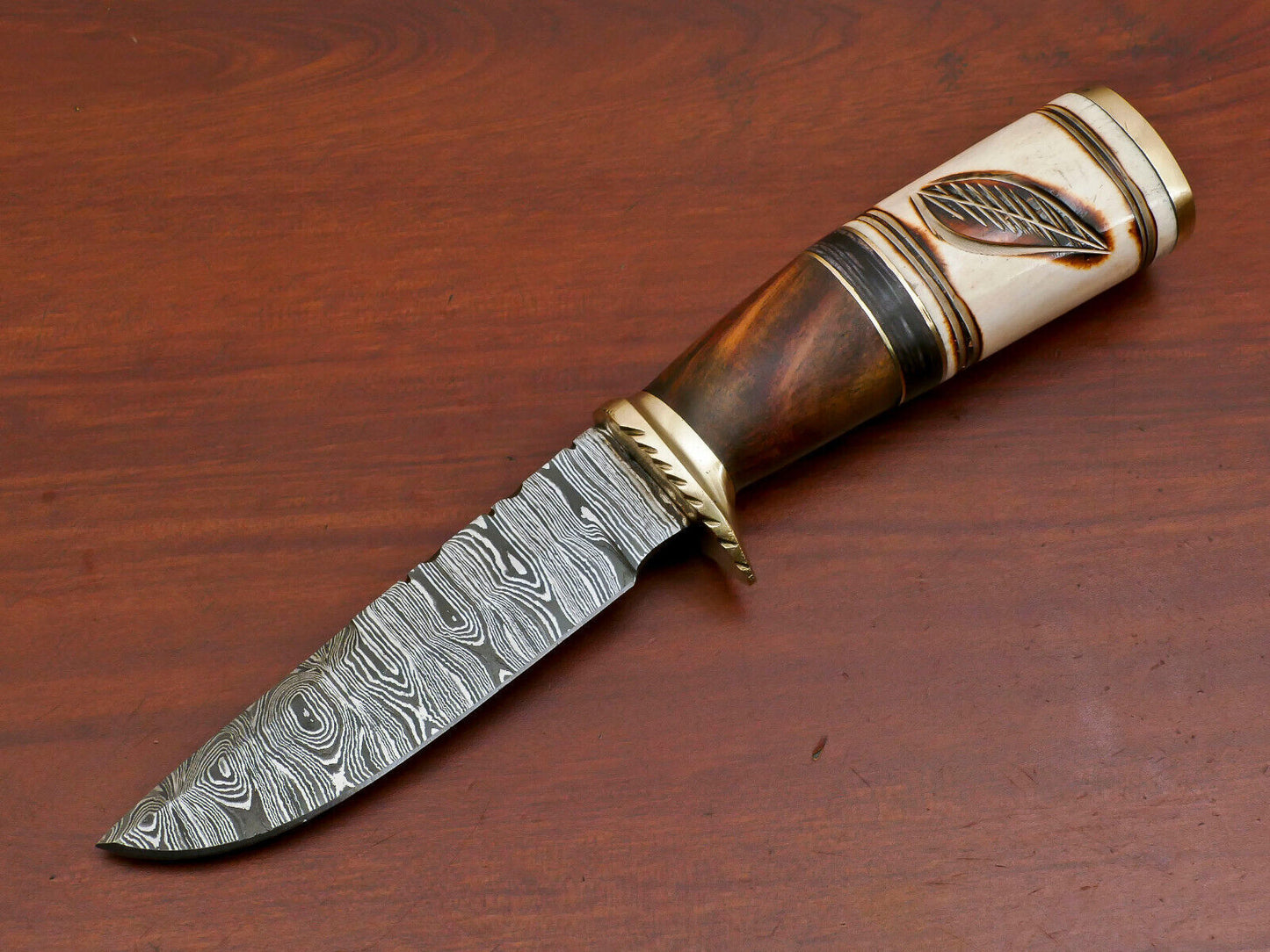 Heritage Forge Damascus Hunting Knife Camel Bone Rose Wood Pakka Wood Handle with Brass Guard