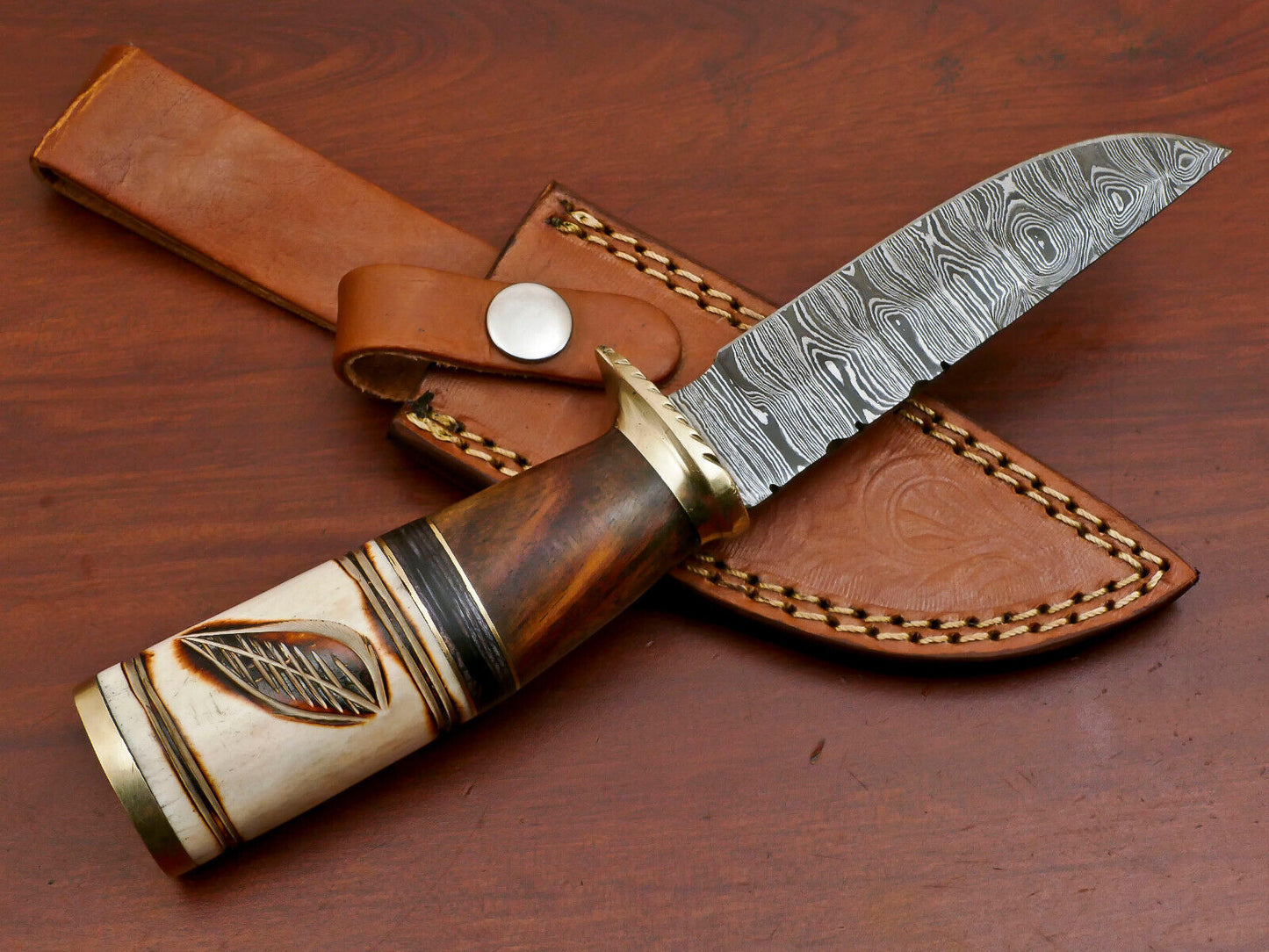 Heritage Forge Damascus Hunting Knife Camel Bone Rose Wood Pakka Wood Handle with Brass Guard