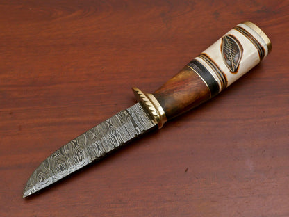 Heritage Forge Damascus Hunting Knife Camel Bone Rose Wood Pakka Wood Handle with Brass Guard